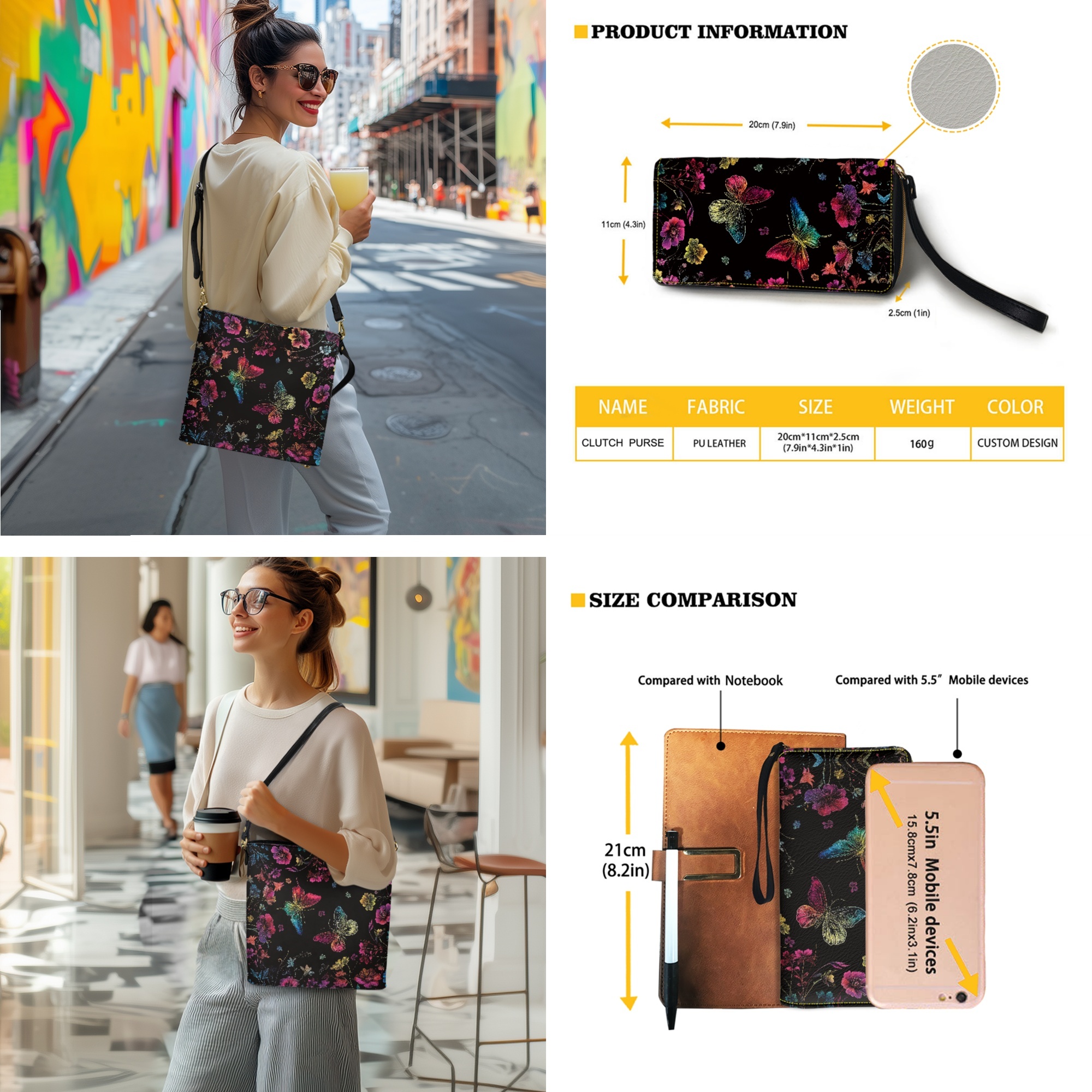 ZUXONGSY Colorful Butterfly Daisy Flower Print Bucket Purse and Wallet Set for Women Trendy Leather Crossbody Handbag with Wrist Wallet Casual Shoulder Bag with Leather Wallet for Working