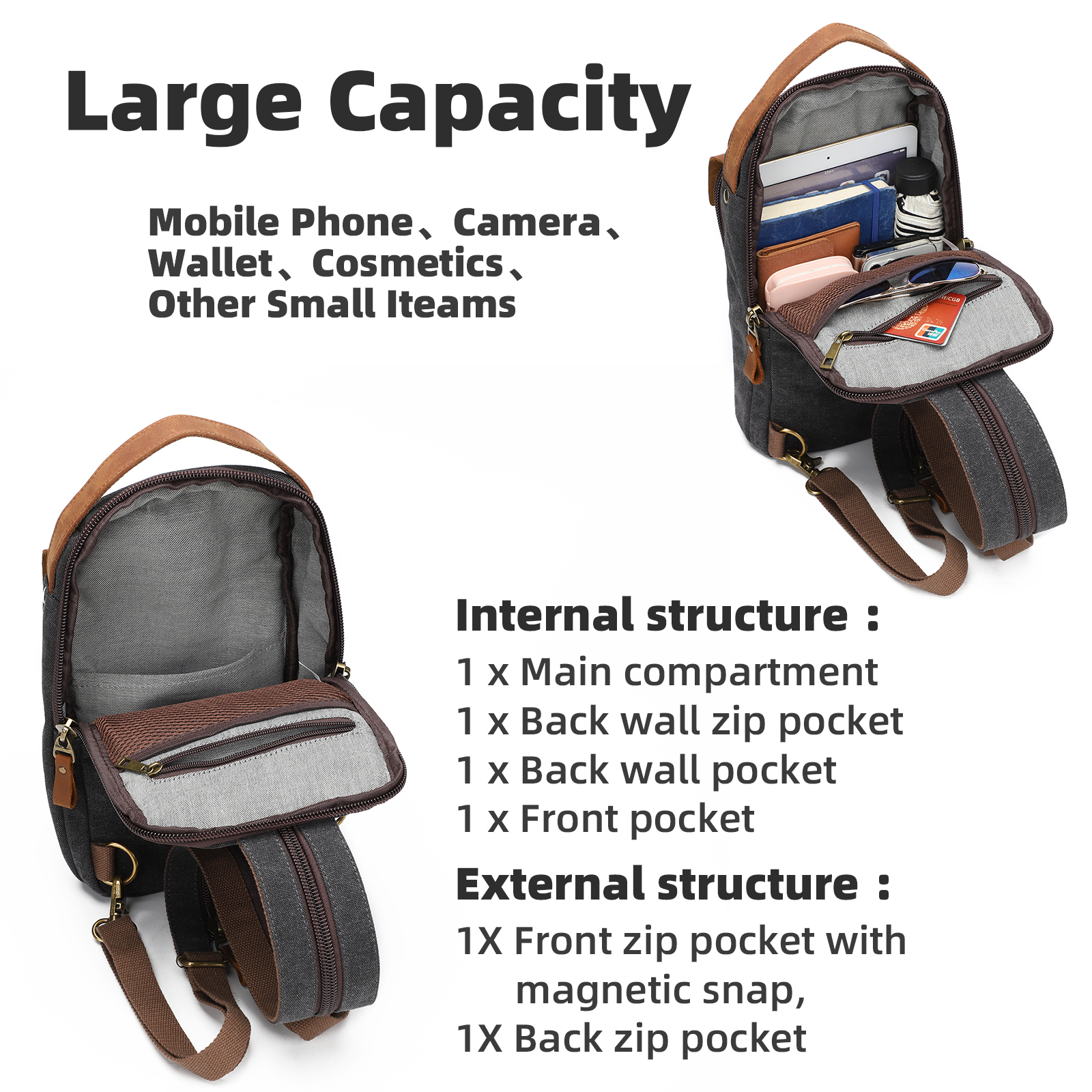 KL928 Canvas Sling Bag Crossbody Backpack Shoulder Casual Rucksack for Men Women