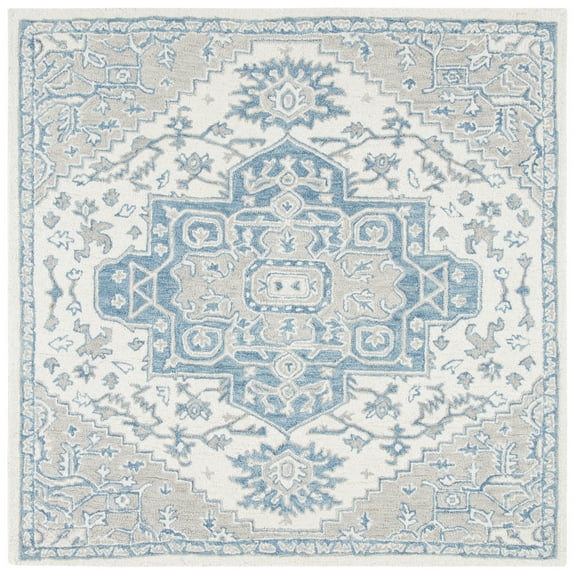SAFAVIEH Micro-Loop William Medallion Area Rug, Ivory/Blue, 5' x 5' Square