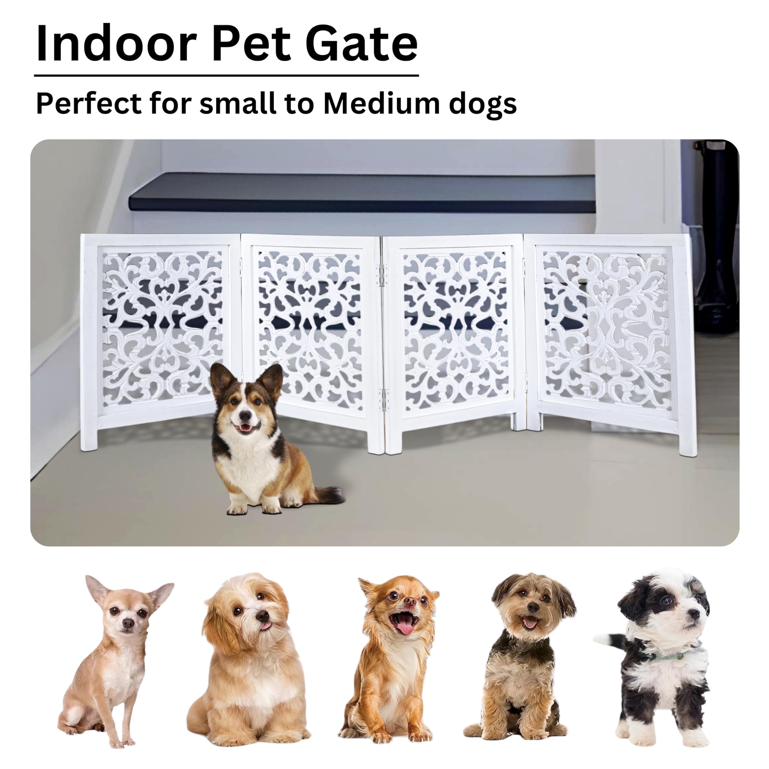 Free Standing Dog Gate – 4 Panel Foldable Wooden pet gate Indoor 72" W x 24" H, Hand-Carved Solid Wood & MDF, Portable Indoor Gate for Doorways, Halls, Stairs – Fully Assembled, Antique White