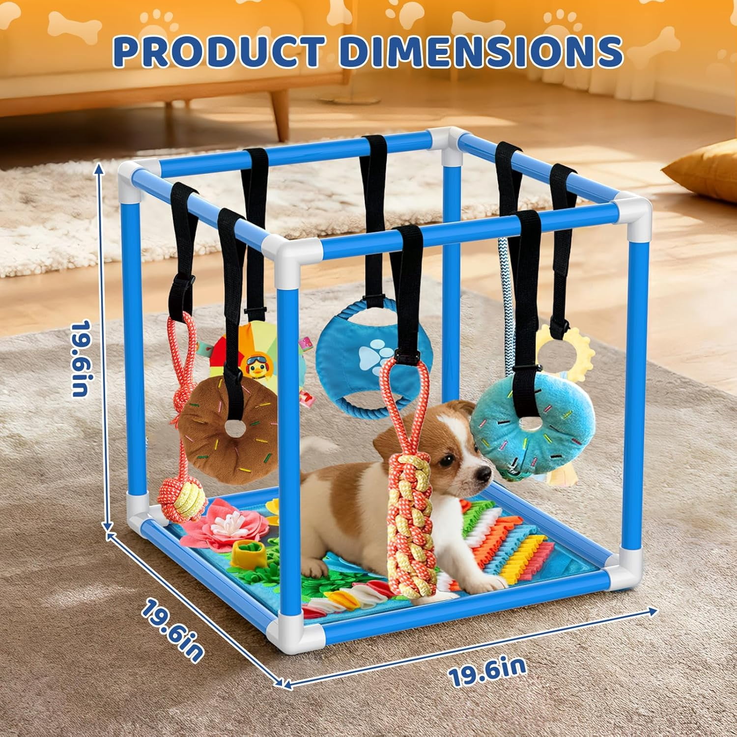 Play Gym for Small Dogs with PVC Frame, 10 Hanging Toys & Stretchy Ropes for Indoor Enrichment Activity