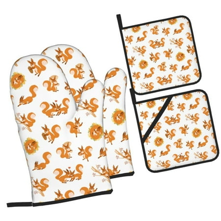 

Sikiie Squirrel Playing Oven Mitts and Pot Holders Silicone Oven Gloves Heat Resistant Oven Mitts 4Pcs Set