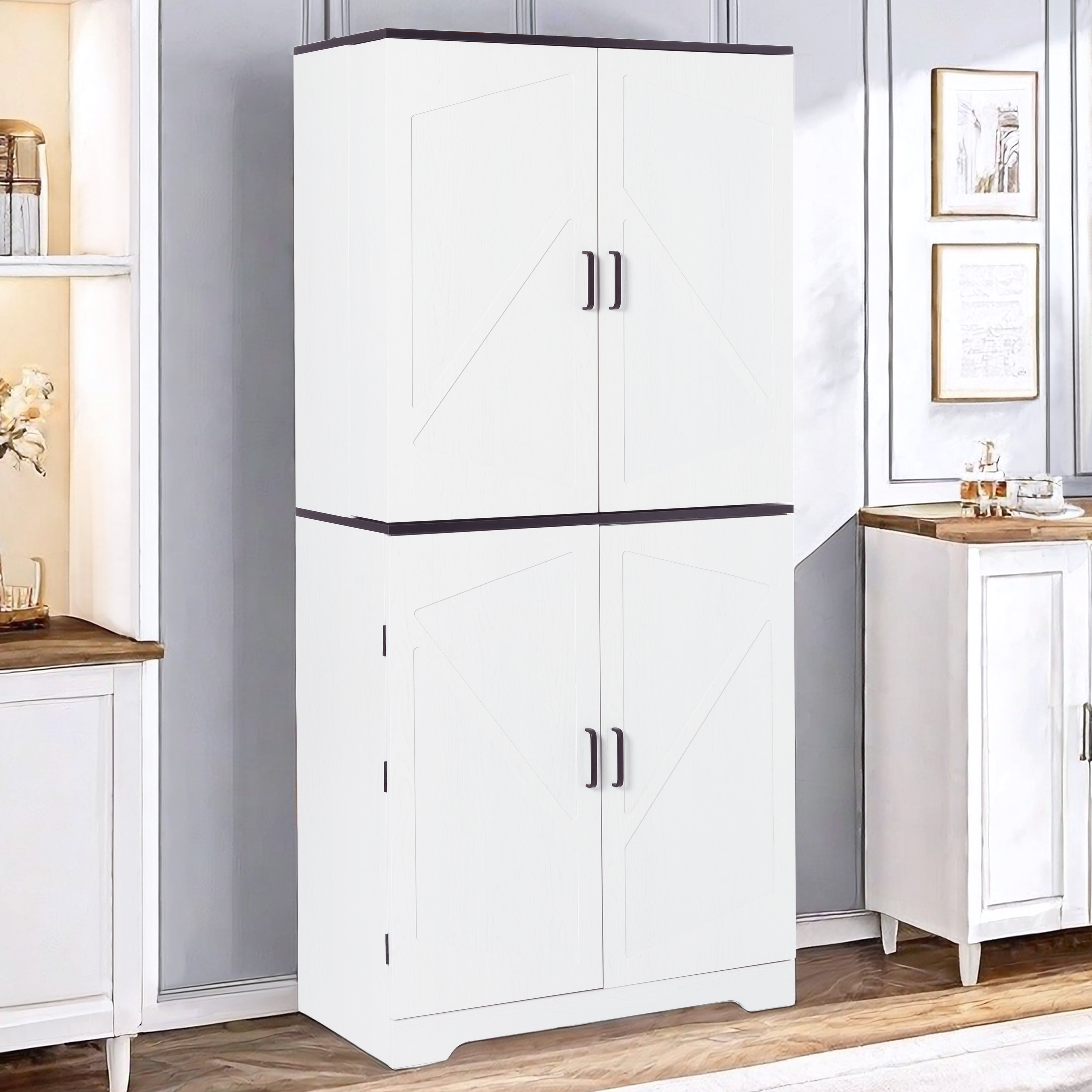 Gewnee 67.7” Kitchen Pantry, with 2 Door Panels Each Having 3 Layers, and All 4 Doors Can Be Magnetically Closed. Matte Metal Handles .