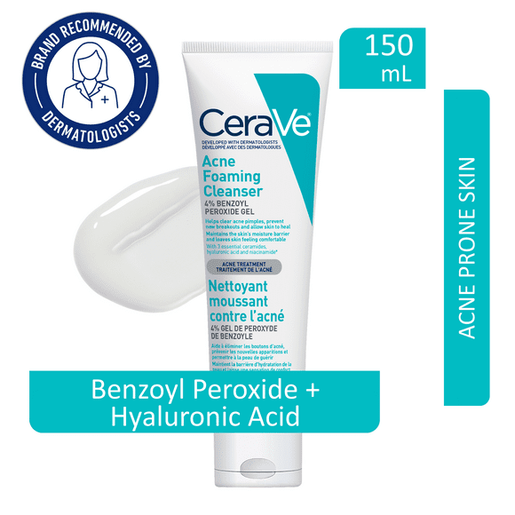 CeraVe Acne Foaming Cleanser, 4% Benzoyl Peroxide Face Wash with Ceramides and Hyaluronic Acid, 150mL, The power to treat acne and allow skin to heal