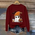 thumbnail image 2 of DOSUKRAI Womens Halloween Crewneck Sweatshirt Cute Ghost Graphic Long Sleeve Pullover Tops Fall Fashion Loose Sweat Shirts Sweater 2025 Wine,XXL, 2 of 5