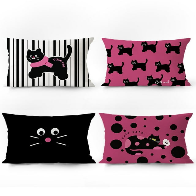 Juego de fundas de almohada con lindos dibujos animados de gatos negros con lunares
