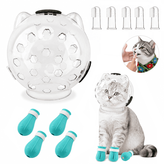 Leyeet Cat Muzzle and Boots, Breathable Cat Muzzle for Grooming, Adjustable Bubble Muzzle with Silicone Paw Covers, Anti Bite Cat Hood Face Mask for Bathing Shaving Nail Trimming, Cat Owners Essentia