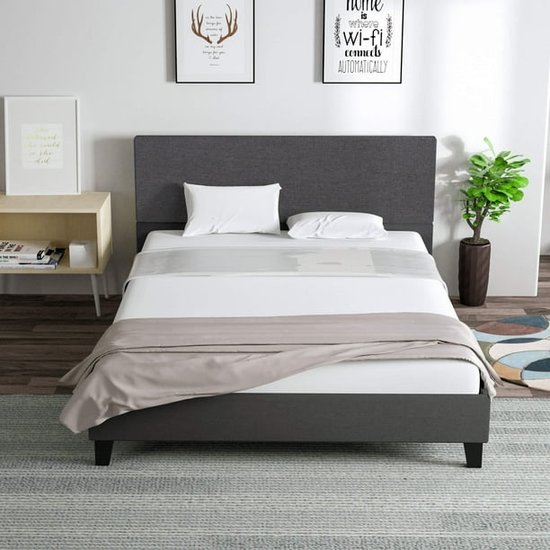 Bed Frame Mecor Platform Upholstered Headboard Slats Bedroom Furniture Full Size Wood Gray Walmart Com Walmart Com