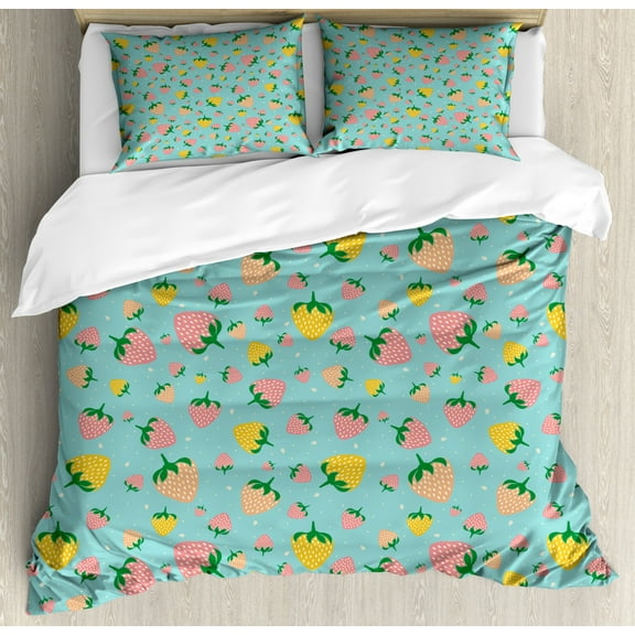 Strawberry Duvet Cover Set Queen Size, Illustration of Fruits on a Spotted Background, Decorative 3 Piece Bedding Set with 2 Pillow Shams, Seafoam Pastel Pink Earth Yellow and Green, by Ambesonne