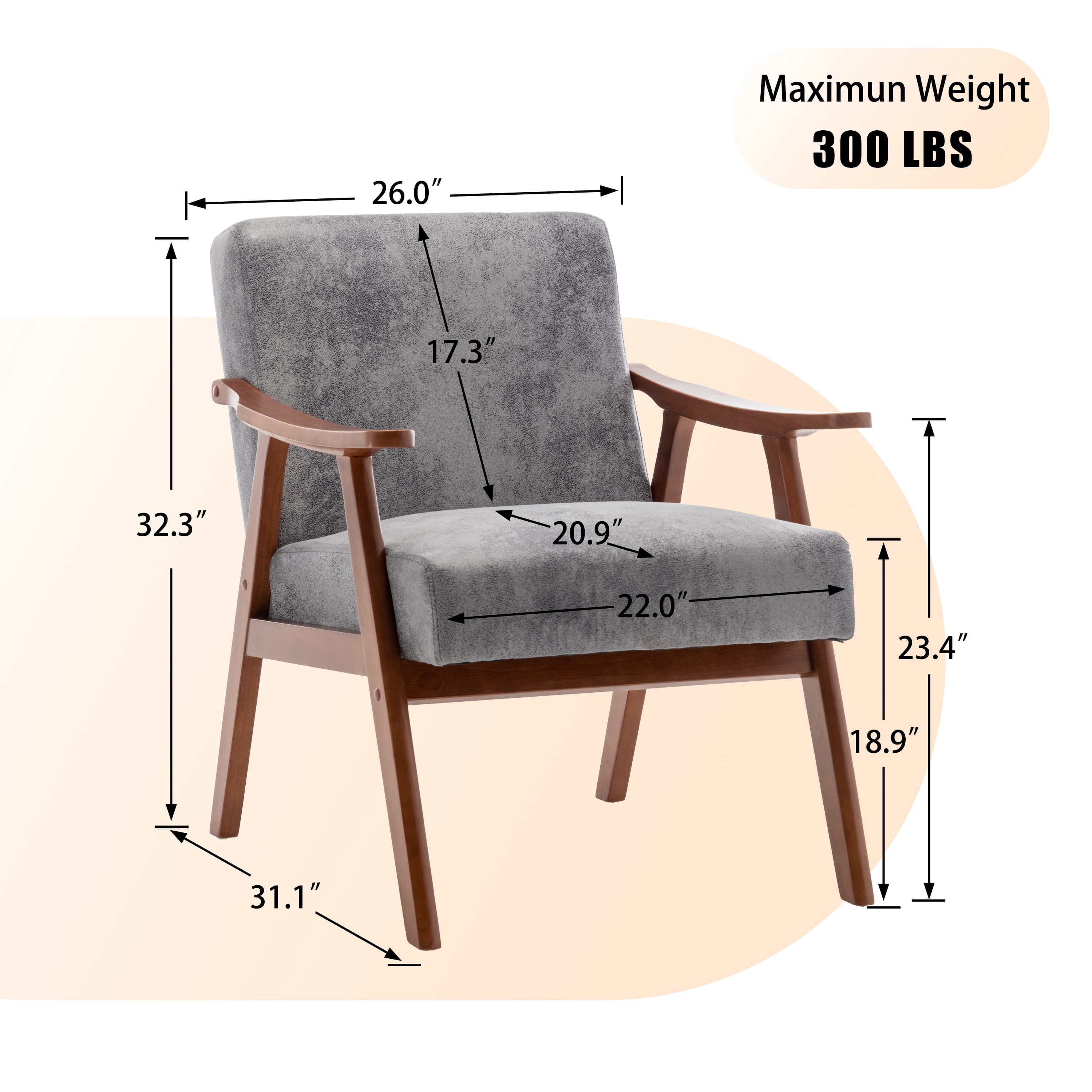 MAYEERTY Mid-Century Modern Chair Solid Wood Frame Accent Chair Extra-Thick Backrest Wingback Lounge Indoor Living Room Bedroom Reading Room
