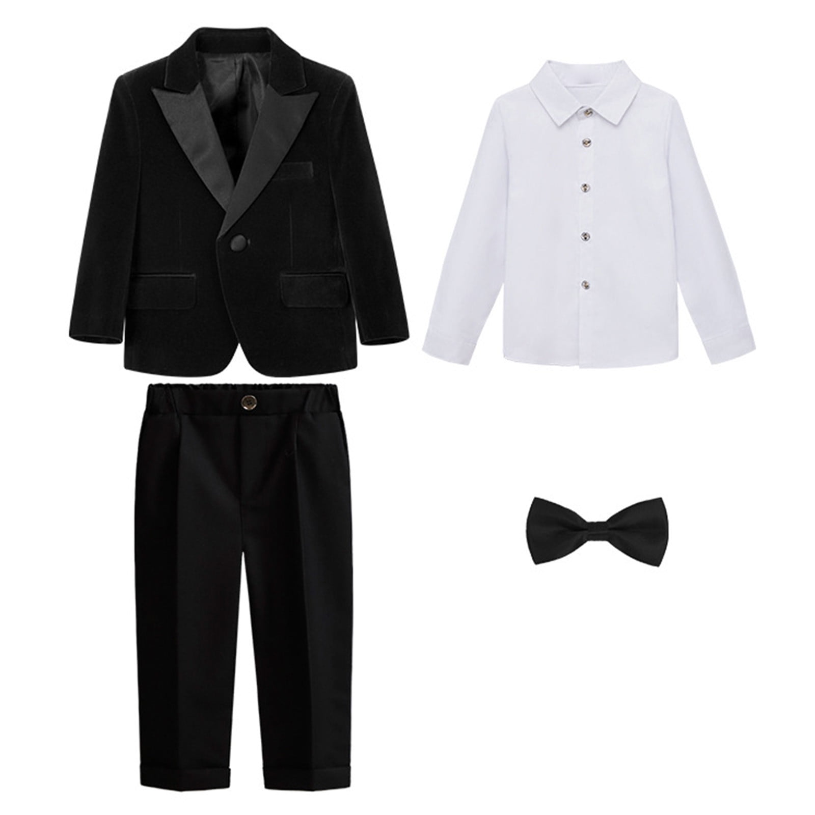 Boys Suits Wedding Ring Bearer Outfits with Blazer Jacket Dress Shirt & Pants Bow Tie 4 Piece Tuxedo Set