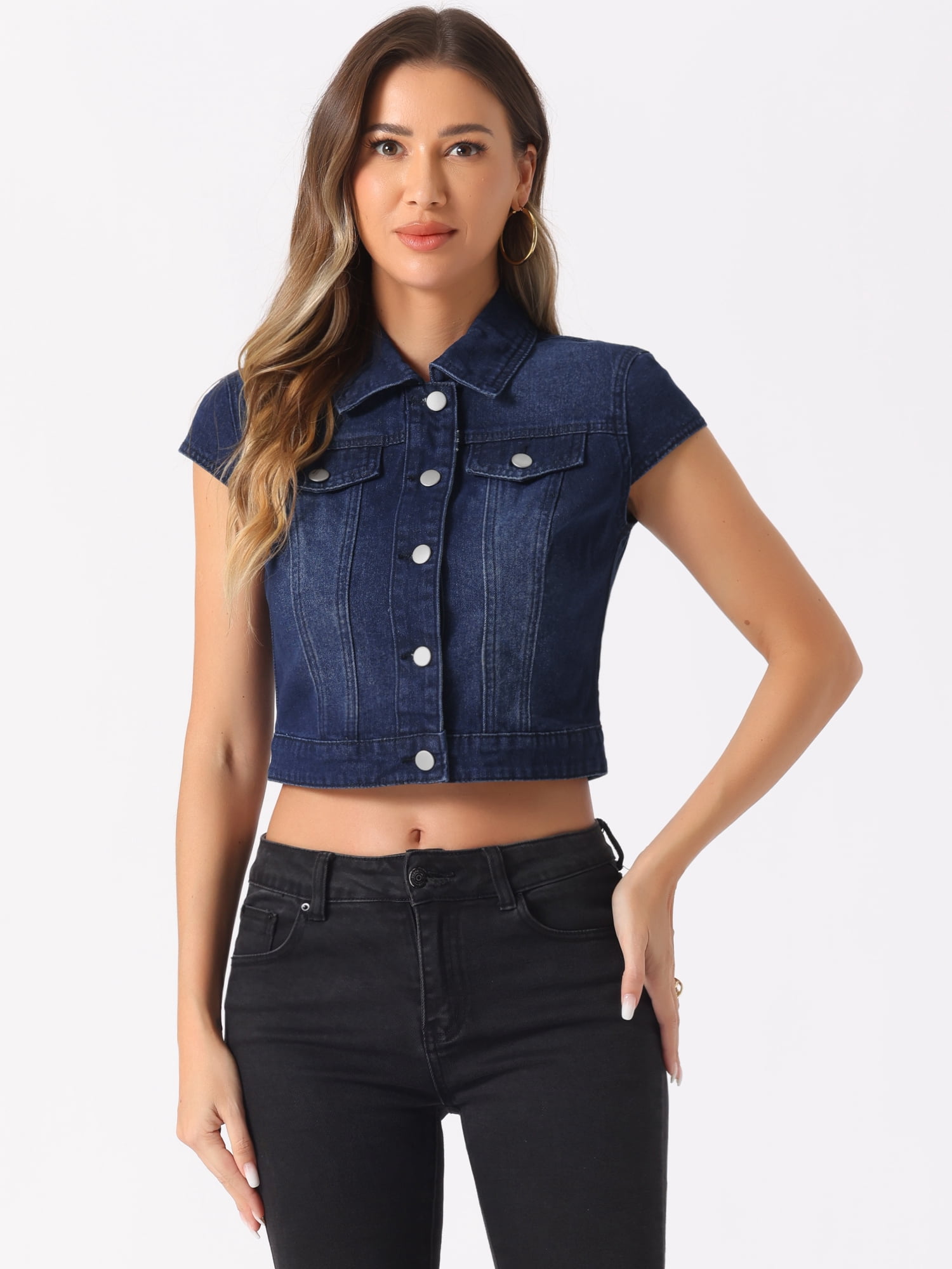 DARING DIVA Women's Cap Short Sleeve Cropped Denim Jacket M Deep Blue
