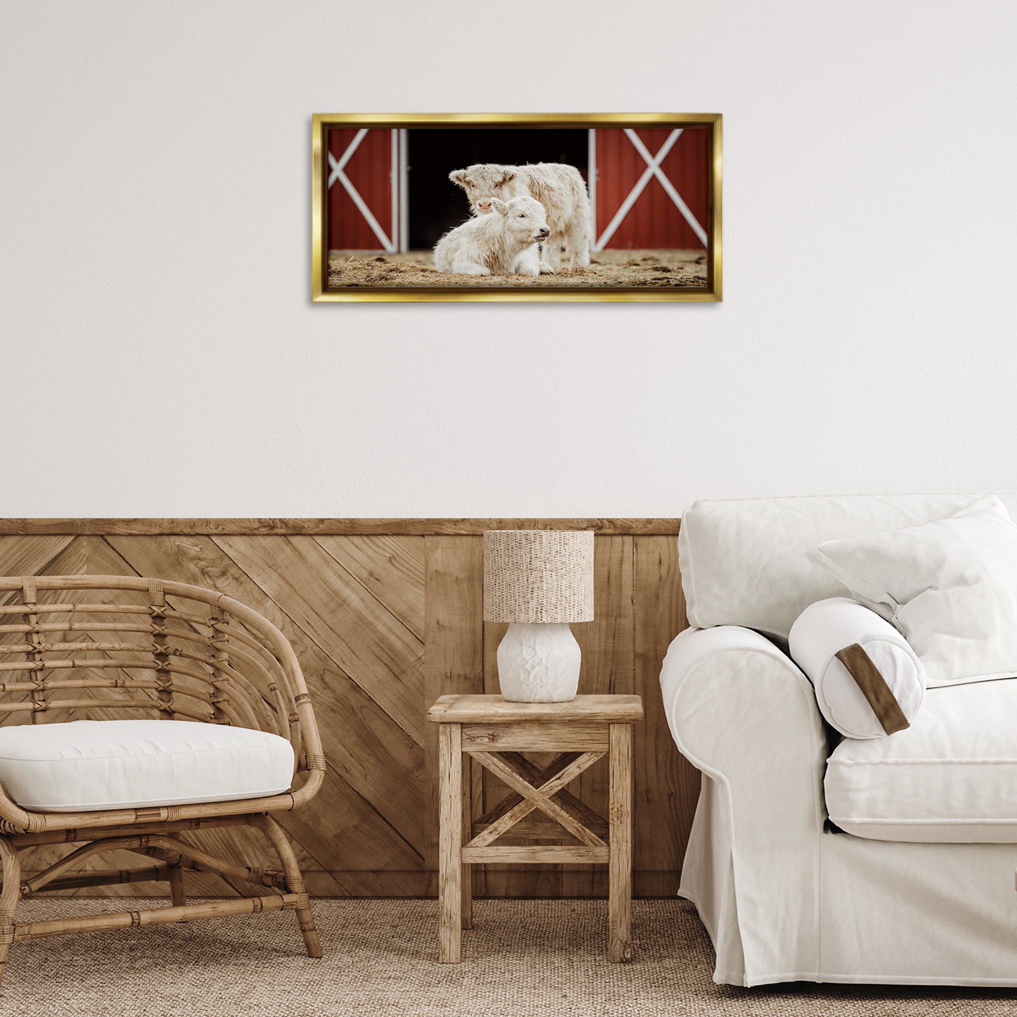 Stupell Industries White Cattle Barn Animals & Insects Photography Gold Floater Framed Canvas Art Print Wall Art, 25 x 11