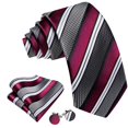 thumbnail image 2 of Set de Corbata Barry.Wang en Seda con Rayas Burdeos, Negro y Gris, 2 of 6