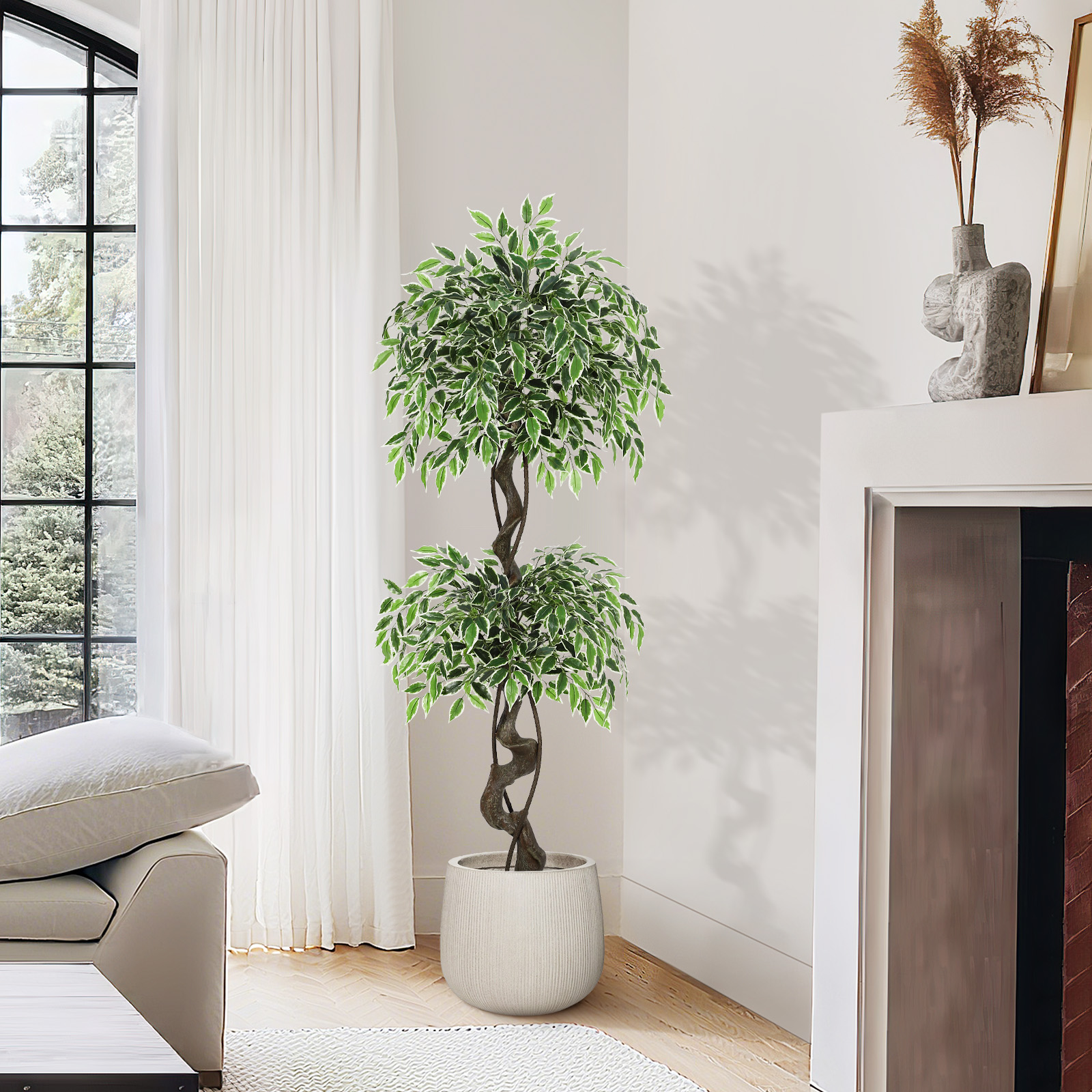 Lifelike Artificial Ficus Tree – Real Wood Trunk, White Ceramic Planter, Decorative Pebbles & Green Moss, Low Maintenance Faux Indoor/Outdoor Floor Plant for Home or Office – 150cm
