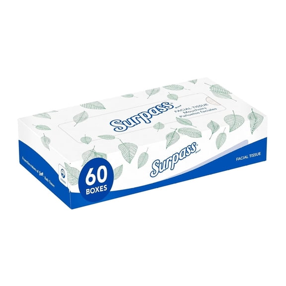 Surpass Facial Tissue Flat Box (21390), 2-Ply, White, Unscented, 125 Tissues / Box, 60 Boxes / Big Case