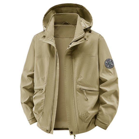 WRKEKC Windbreaker Jackets for Men Detachable Hood Long Sleeve Zip-Up Outerwear With Zipper Pockets for Hiking and Cycling