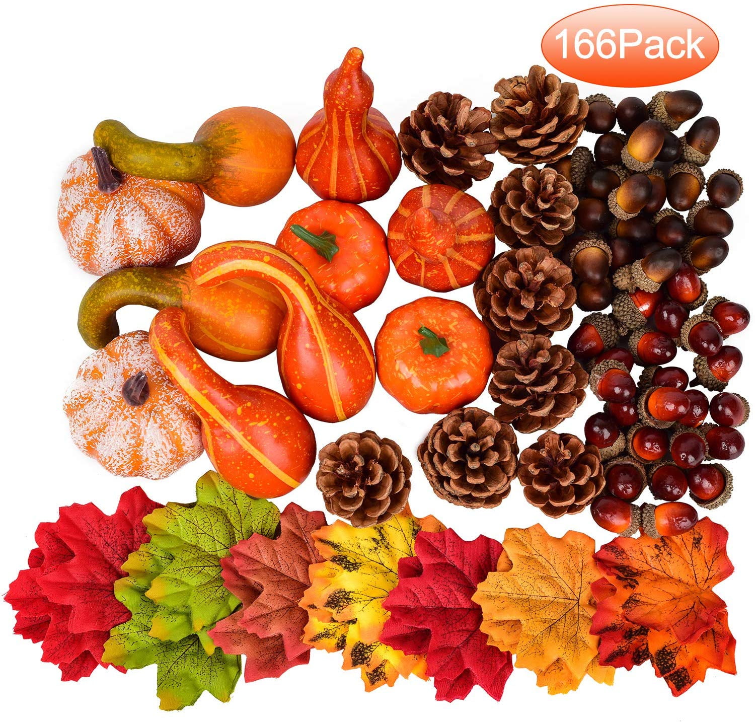 Fall and Thanksgiving Home Table Decoration Gourds Harvest Pumpkins BJH 166 pcs Halloween Mini Artificial Maple Leaves Pine Cones and Acorns Set for Autumn