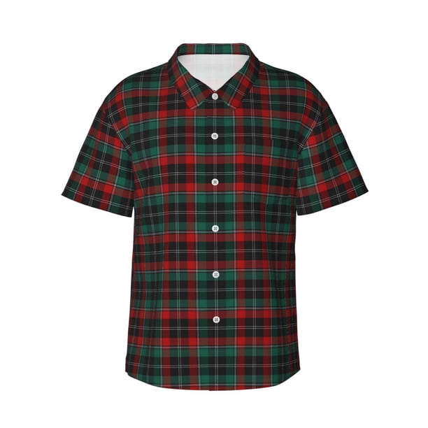 Fotbe Tartan Plaid Camisa Hawaiana para Hombre Unisex – Camisa Casual de Verano con Botones de Manga Corta de Algodón y Lino,X-Large