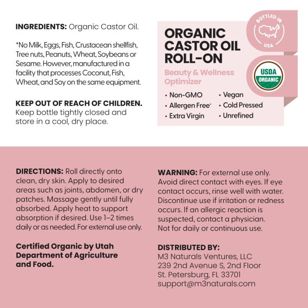 M3 Naturals Organic Cold Pressed Castor Oil Roll-On, 3 oz photo 2