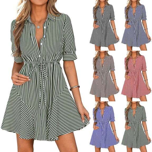 JoveMarine Cocktail Dresses for Women Striped Short Sleeve - V-Neck Button Up A-Line Shirt Dress for Office and Beach Party,Black L