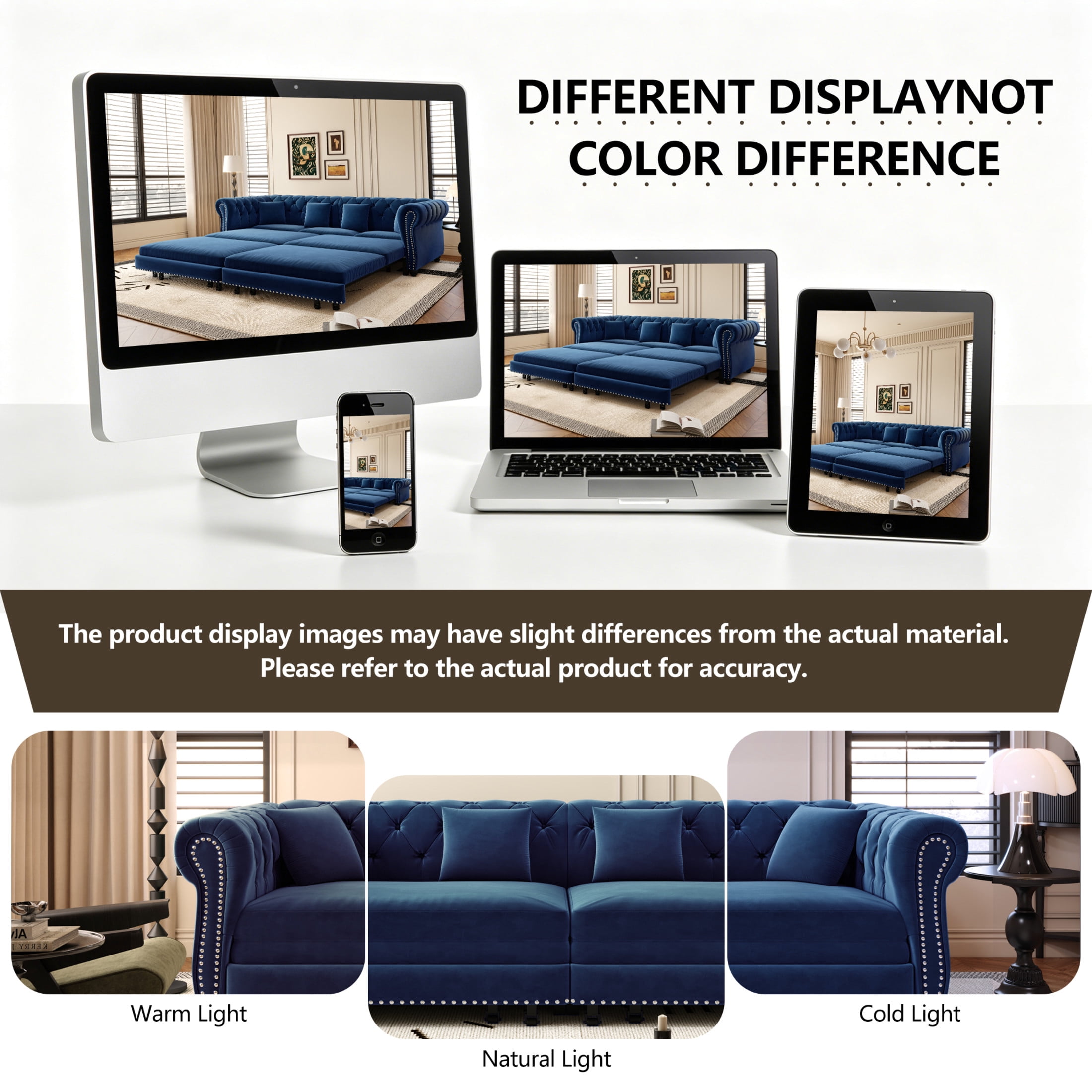Noble House Ulwick Velvet Chesterfield Pull-Out Sofa Bed, 3-in-1 Convertible Sleeper Couch with Movable Ottoman, Blue