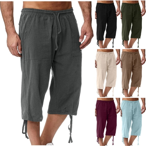 Havenre Mens Linen Capri Shorts Loose Lightweight Knee Elastic Waist Length 3/4 Pants Drawstring Bottom Gym Workout Shorts Vacation Beach Pants with Pockets Dark Gray S