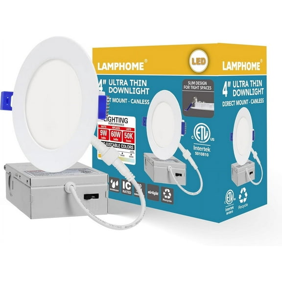 1-Pack of 4-Inch Slim LED Recessed Lights with Junction Box, Adjustable Color Temperatures (2700K-5000K), 9W Equivalent to 75W, Dimmable, 950LM Brightness - ETL and Energy Star Certified