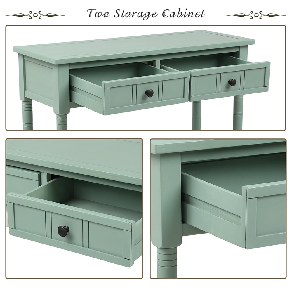 Kepooman Acacia Console Table with Two Drawers and Bottom Shelf, Traditional Design Sofa Side Table for Living Room Bedroom, Retro blue Kepooman Acacia Console Table with Two Drawers and Bottom Shelf, Traditional Design Sofa Side Table for Living Room Bedroom, Retro blue