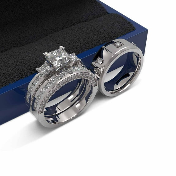 3pc Couples Wedding Ring Sets His And Hers Women Sterling Silve Moissanite and men Wedding Bands