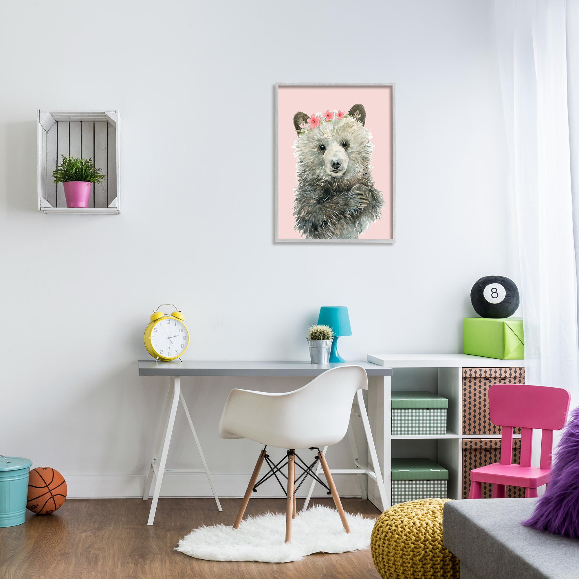 Stupell Industries Fuzzy Bear with Floral Crown Animals & Insects Painting Gray Framed Art Print Wall Art, 24 x 30