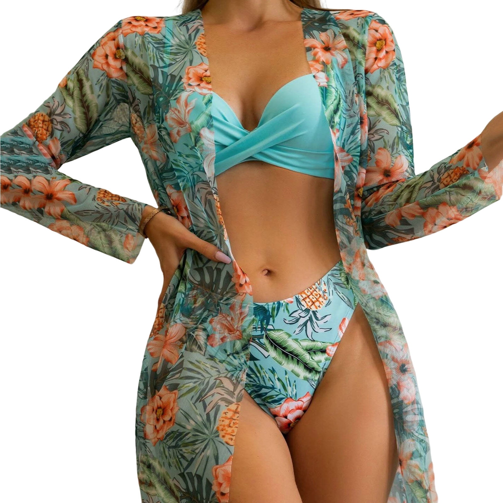 Mairbeon 3 Pcs/Set Beach Bikini Cover Up Set Flower Print Long Sleeves Push  Up High Waist Adjustable Strap Sunscreen Thin Summer Vacation Swimming