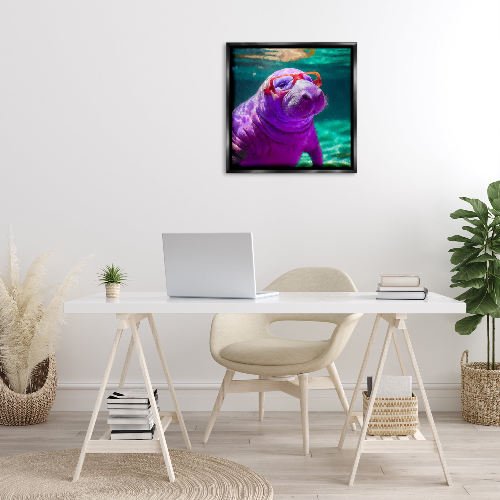 Stupell Industries Manatee with Glasses Animals & Insects Painting Black Floater Framed Canvas Art Print Wall Art, 25 x 25