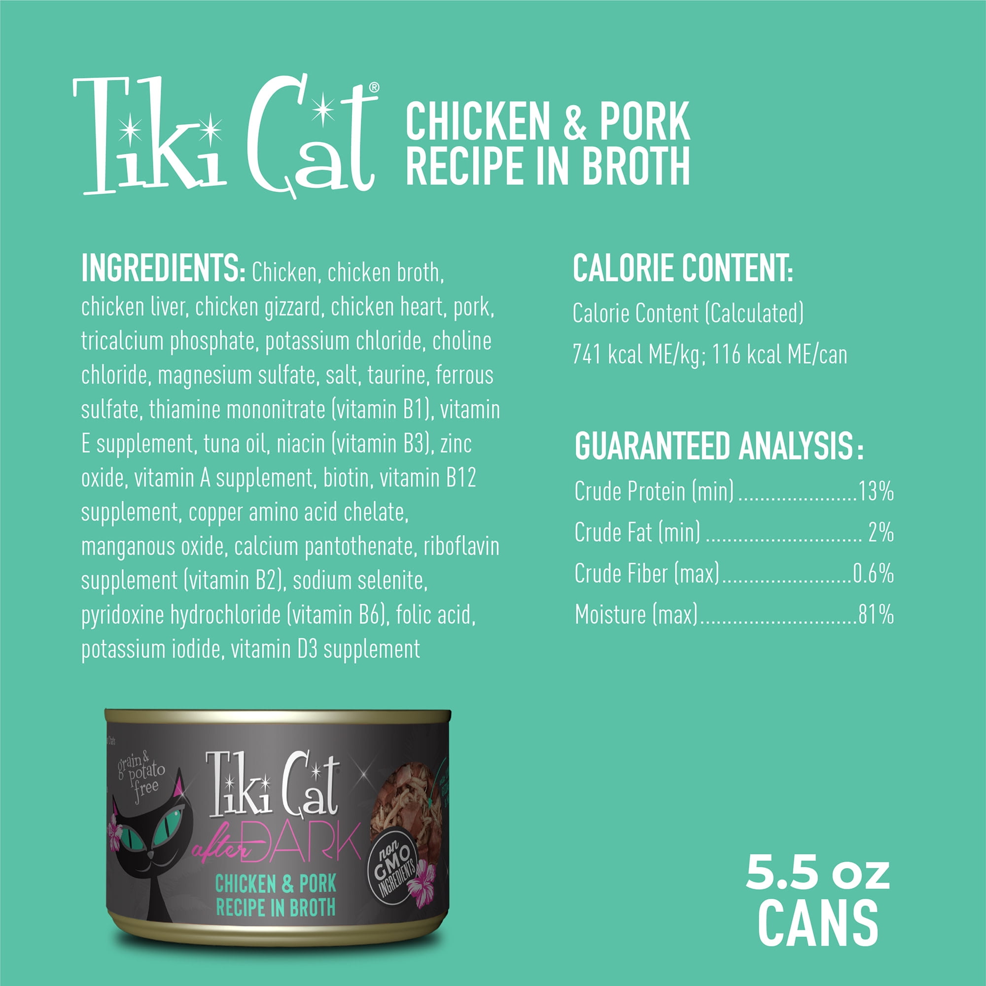 (2 pack) Tiki Cat After Dark Whole Foods Wet Cat Food, Chicken & Pork, 5.5 oz. Can