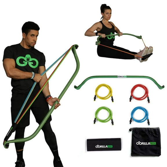 Gorilla Bow Original Portable Home Gym Resistance Bands and Bar System for Travel, Fitness, Weightlifting and Exercise Kit, Full Body Workout Equipment Set (Original Bow, Green, Base Bundle)