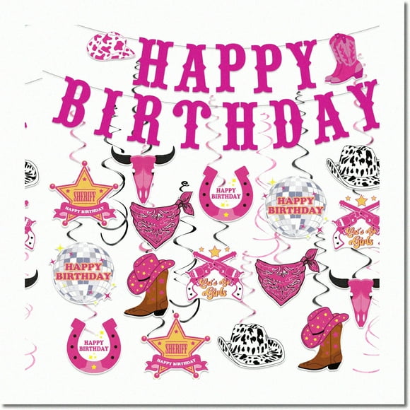 Kit Extravagance Cowgirl Fiesta - 34 Pcs Décorations de Fête Western Roses avec Bannière d'Anniversaire Cowgirl, Spirales Suspendues & Décorations Disco Cowgirl pour Femmes & Filles. Yeehaw!