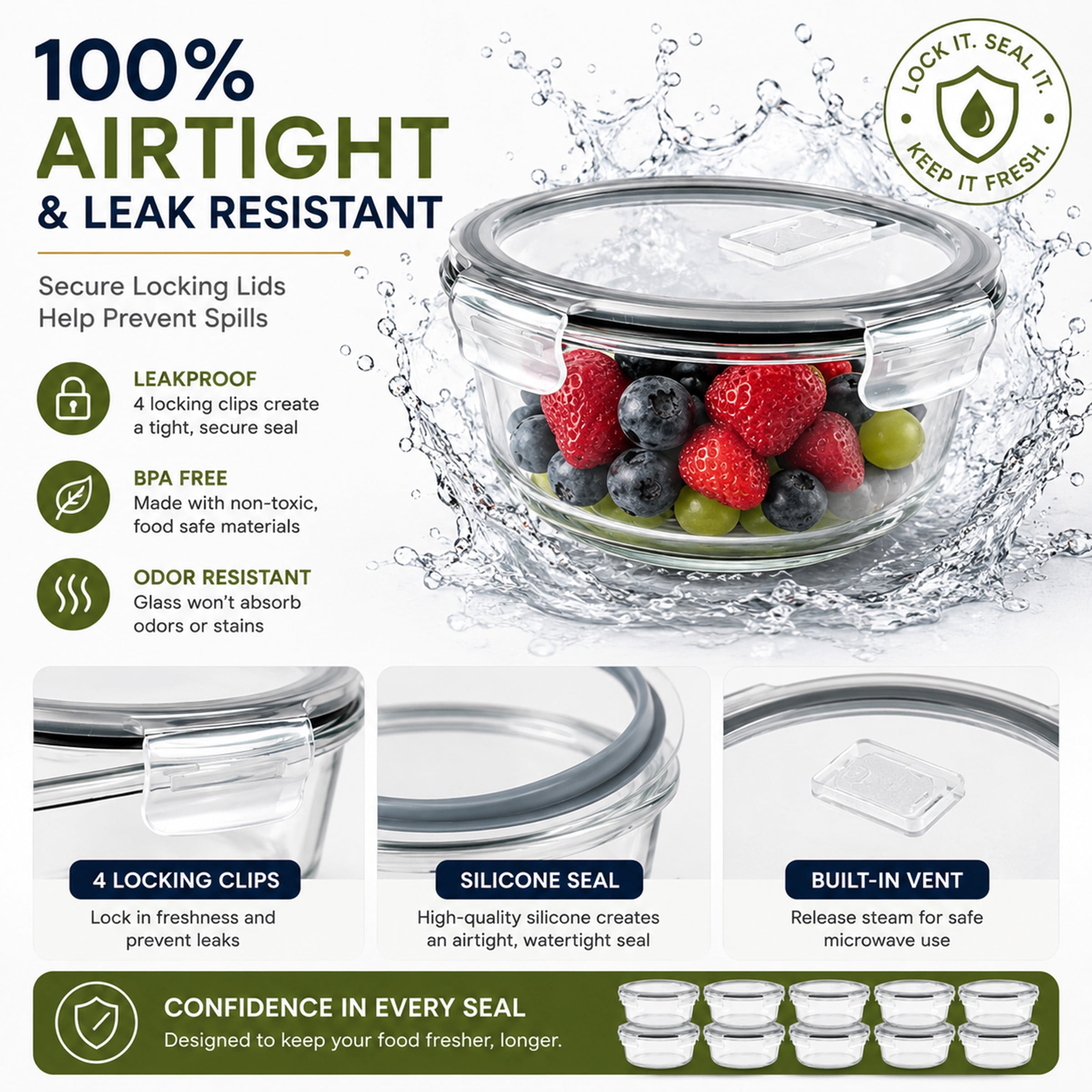 Sorbus 8-Pack Glass Meal Prep Bowls with Airtight Lids, Steam Vent, Leakproof Storage Containers