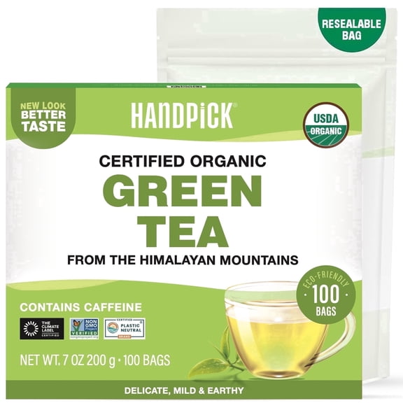 HANDPICK, Organic Green Tea Bags - 100 Eco-Friendly Tea Bags | USDA Organic | Resealable Pack for Freshness | Delicate & Flavory | Direct From India
