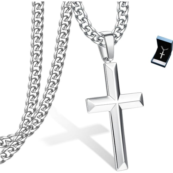 925 Sterling Silver Cross Necklace for Men Women - Hypoallergenic Jewelry with Stainless Steel Cuban Link Chain - Platinum Plated Pendant - Durable and Stylish