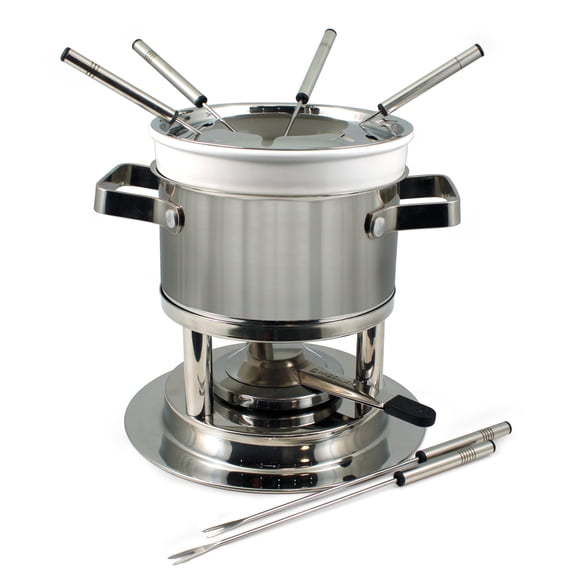 Juego de fondue 3 en 1 de acero inoxidable Swissmar Basel de 11 piezas: ideal para derretir queso, chocolate, mantequilla y más; perfecto para coleccionar en la cocina y regalar en bodas; 1,6 cuartos