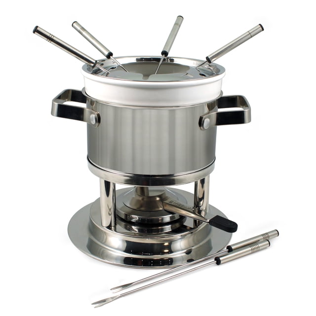 Juego de fondue 3 en 1 de acero inoxidable Swissmar Basel de 11 piezas: ideal para derretir queso, chocolate, mantequilla y más; perfecto para coleccionar en la cocina y regalar en bodas; 1,6 cuartos