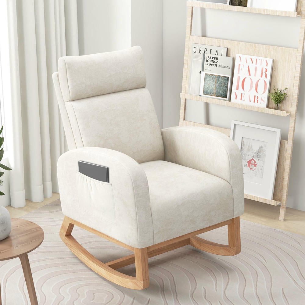 Resenkos Upholstered Nursery Rocking Chair for Glider with Solid Rubberwood Frame, Beige