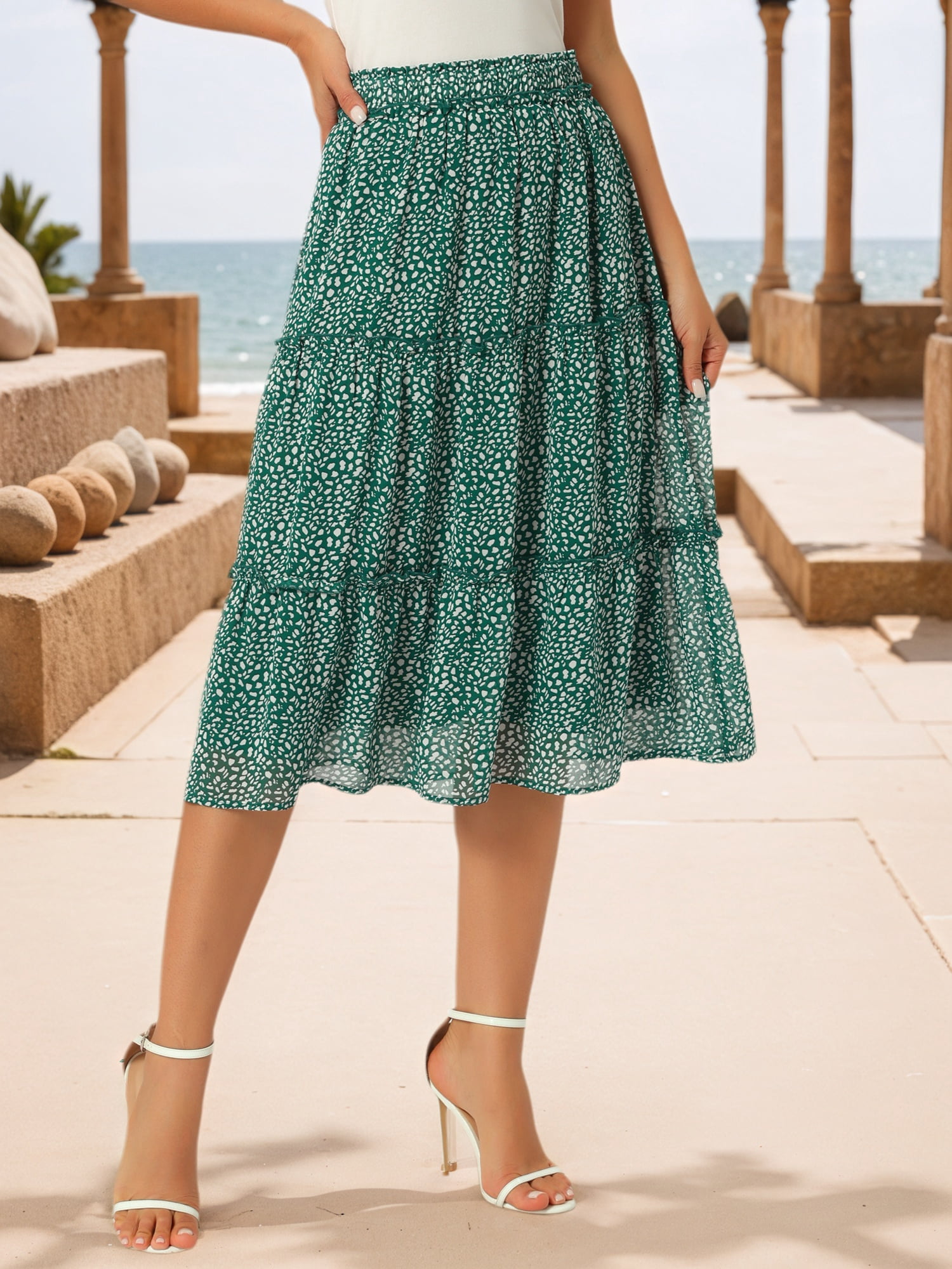 DARING DIVA Women's Midi Elastic A-Line Ruffle Flowy Skirts Medium Green