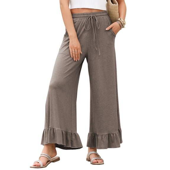 Eytino Pants for Women Wide Leg Elastic Waist Casual Trousers High Waisted Ruffle Hem Palazzo Pants with Pockets