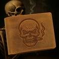 thumbnail image 3 of MARSHAL Mens Vintage Leather RFID Blocking Bifold Wallet for Men with Smoking Skull Design Tan, 3 of 9