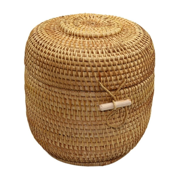 Cesta de almacenamiento de ratán, cesta de almacenamiento tejida a mano con tapa, cesta redonda, L