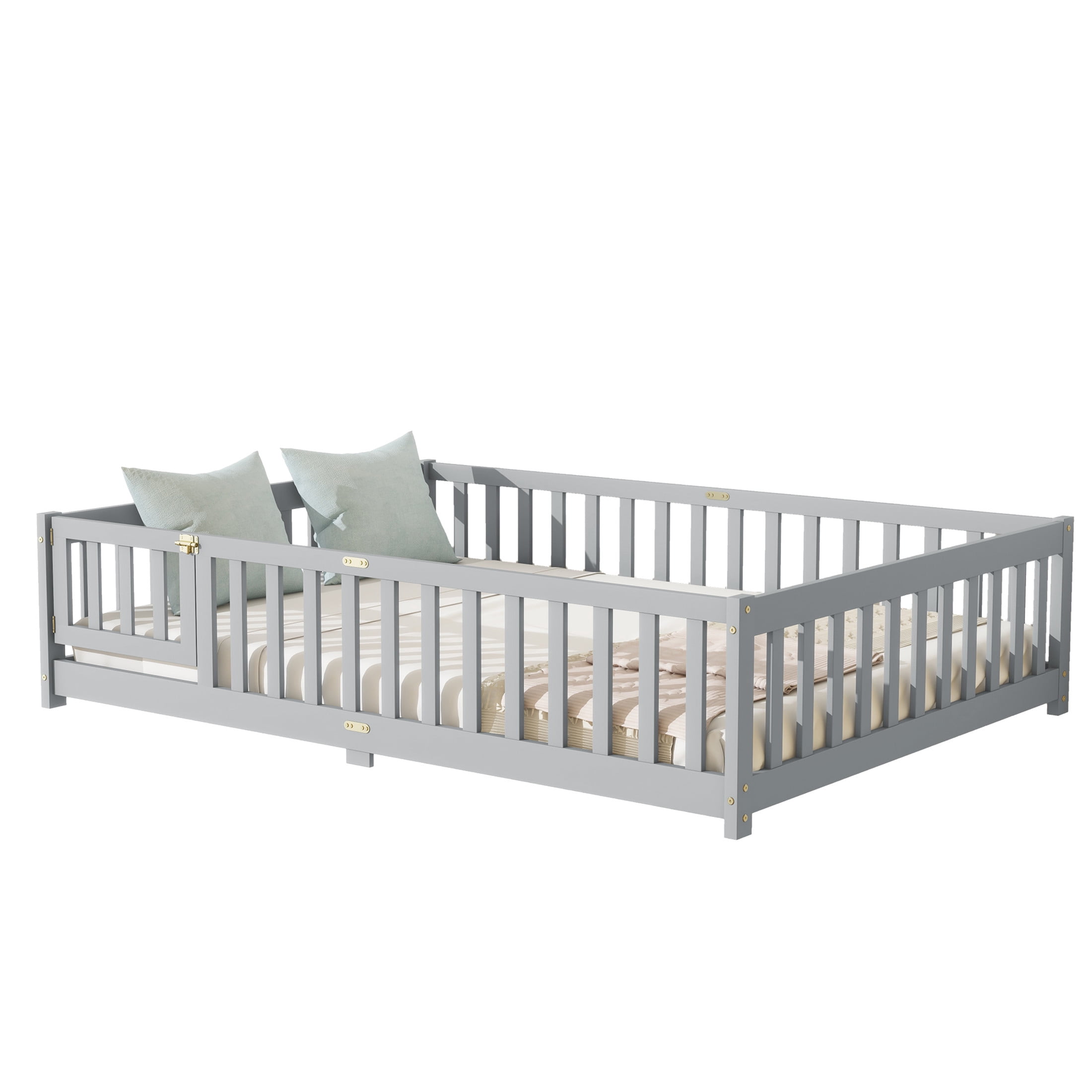 Noble House Full Floor Bed with Safety Guardrails and Door, Rubber Wood Montessori Bed, Kid's Room, Gray
