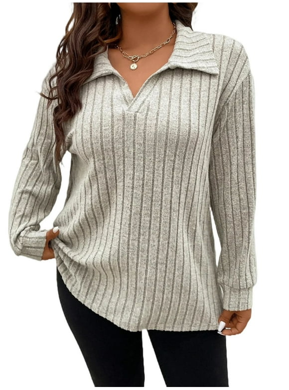 Womens Plus Size Tops Long Sleeve V Neck Polo Shirts Pullover Sweaters Fall Winter 1X-5X
