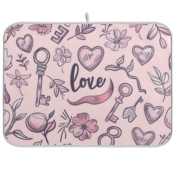 Pink Hearts Flowers Keys Dish Drying Mat Dish Drainer Rack Mats Water Absorbent Non-Slip Easy Clean Heat Resistant for Kitchen Counter