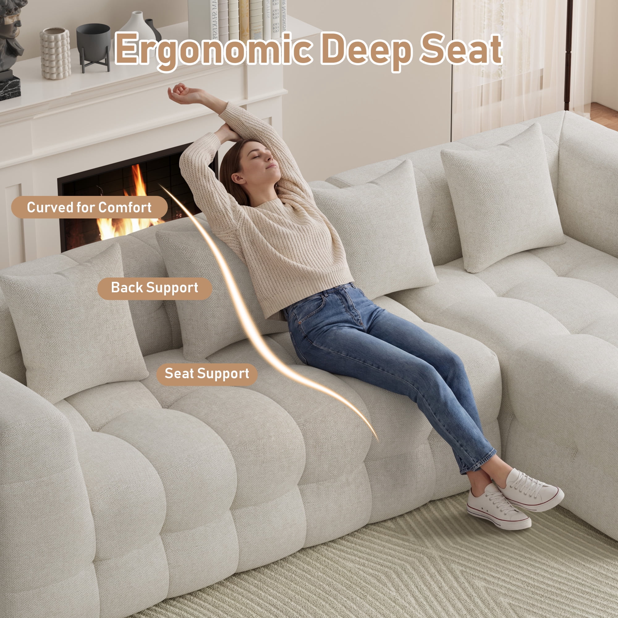 Wiilayok 120" Boneless Oversized Cloud Couch, Right Facing L-Shaped Chenille Sectional Sofa with Chaise Lounge, Deep Seat Upholstered Living Room Sofa with 4 Pillows, No Assembly, Beige